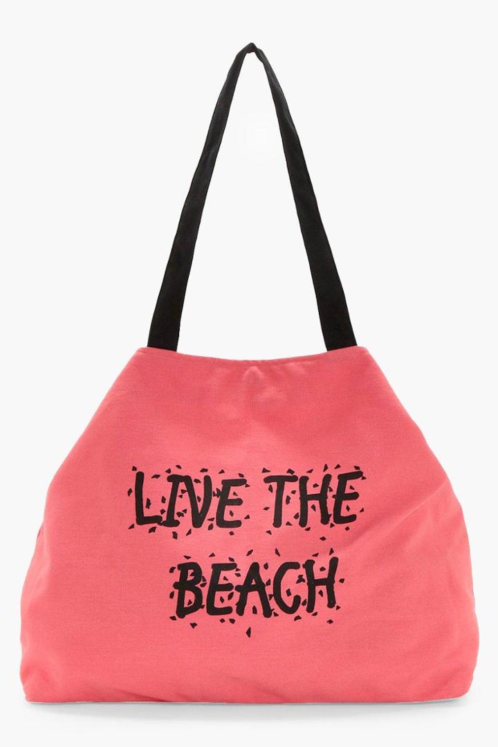 Boohoo Olivia Slogan Canvas Beach Bag Coral