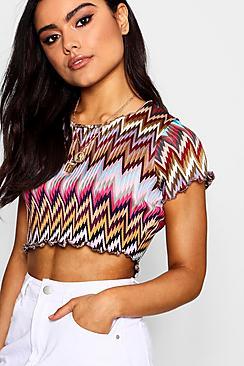 Boohoo Janie Zig Zag Lettuce Hem Bardot Crop
