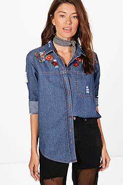 Boohoo Ellie Embroidered Front Denim Shirt