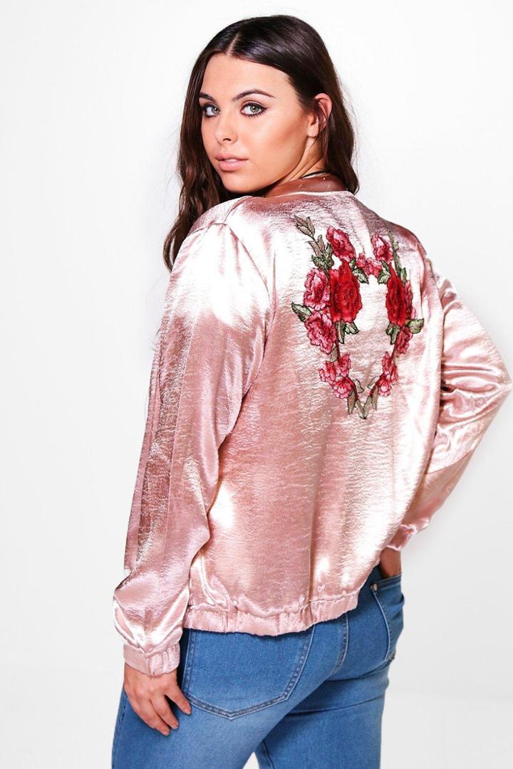 Boohoo Plus Gia Embroidered Satin Bomber Blush