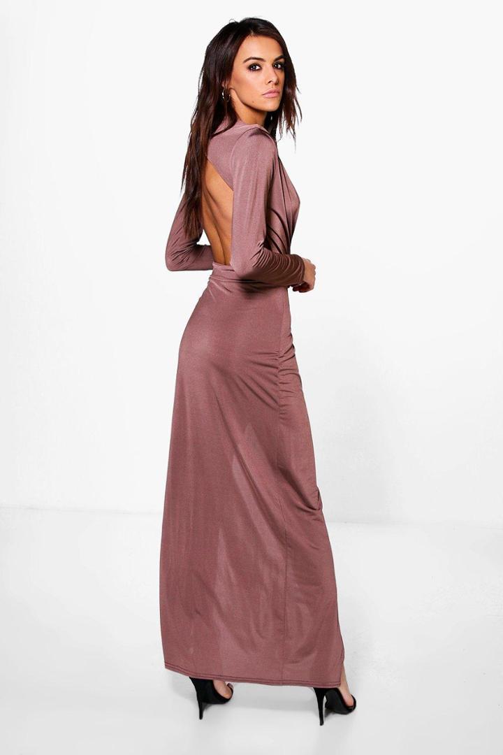 Boohoo Uhura Slinky Wrap Open Back Maxi Dress Mocha