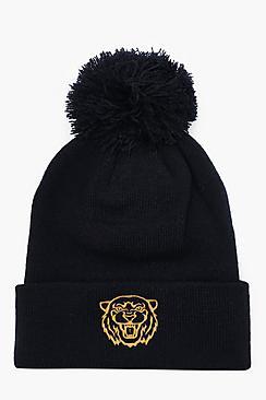 Boohoo Gold Tiger Embroidered Beanie