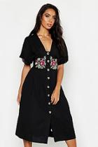 Boohoo Embroidered Linen Button Front Midi Dress