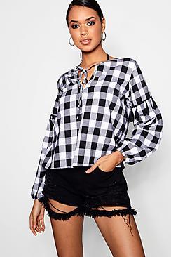 Boohoo Amira Gingham Pom Pom Sleeve Top