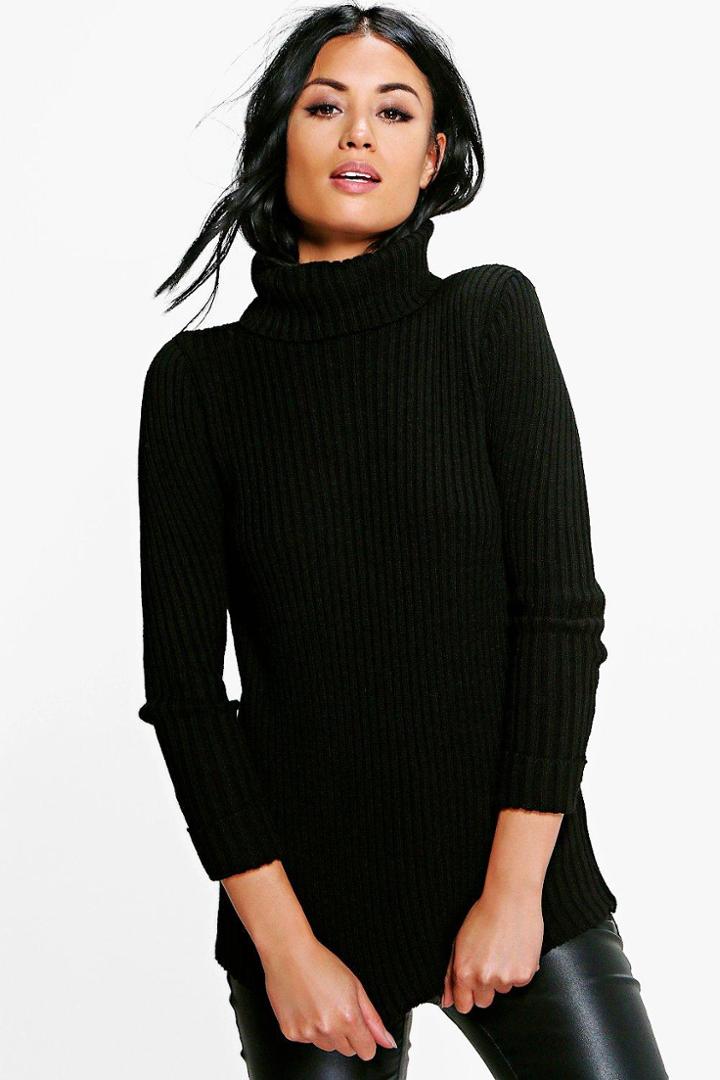 Boohoo Faith Turn Up Cuff Rib Knit Jumper Black