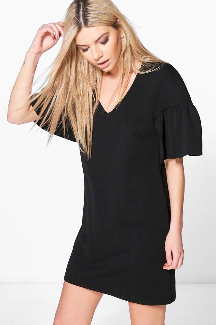 Boohoo Agatha Ruffle Sleeve Shift Dress Black
