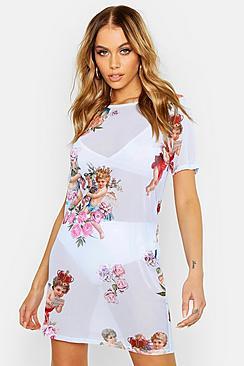 Boohoo Cupid Print Mesh T Shirt Dress