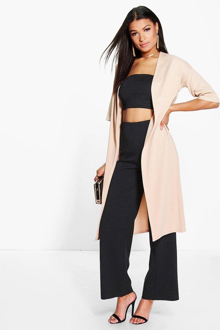 Boohoo Faye Collarless 3/4 Sleeve Duster Stone