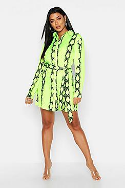 Boohoo Neon Lime Snake Print Belted Shirt Dress