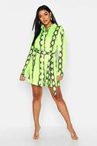 Boohoo Neon Lime Snake Print Belted Shirt Dress