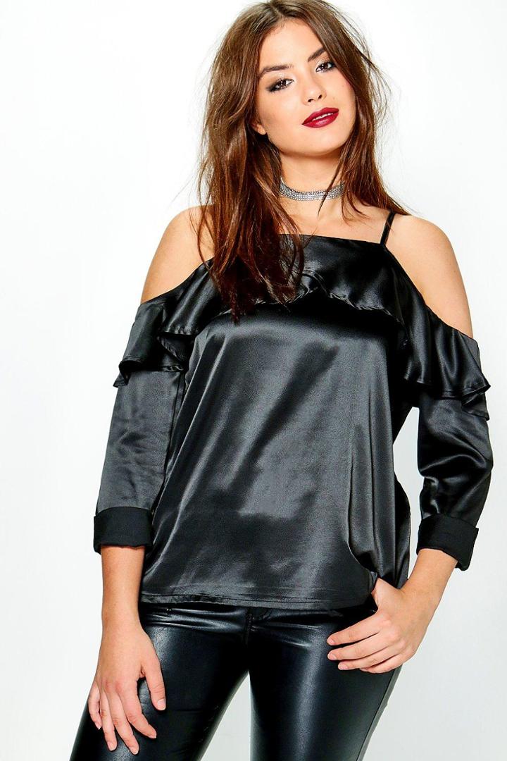 Boohoo Plus Nancy Satin Open Shoulder Top Black