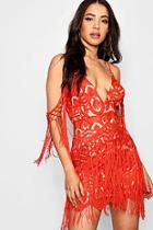 Boohoo Tassel And Lace Cold Shoulder Bodycon Dress