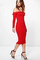 Boohoo Belle Frill Off Shoulder Midi Bodycon Dress