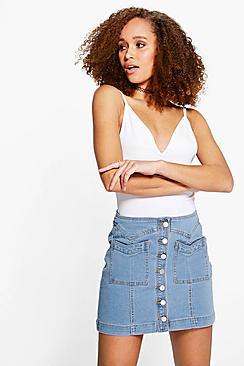 Boohoo Julie Double Pocket Button Through Denim Skirt