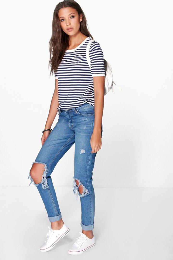 Boohoo Tall Jenny Open Knee Slim Leg Boyfriend Jean Blue