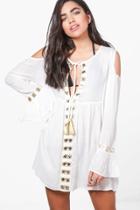 Boohoo Bella Mirrored Cold Shoulder Beach Dress White