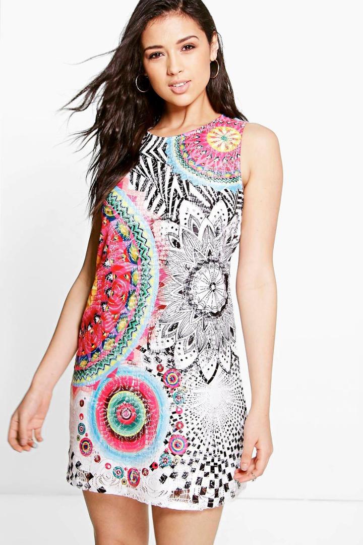 Boohoo Lola Tropical Printed Sleeveless Shift Dress Red