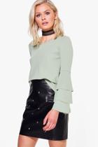 Boohoo Eve Double Frill Sleeve Top Sage