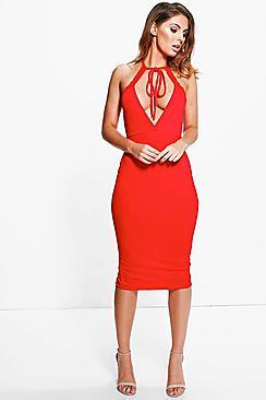 Boohoo Sara Lace Trim Detail Tie Neck Midi Dress
