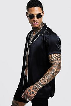 Boohoo Short Sleeve Revere Satin Shirt With Piping