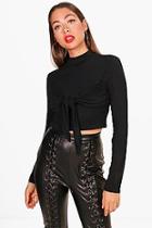 Boohoo Sara Tie Knot Front Detail High Neck Top
