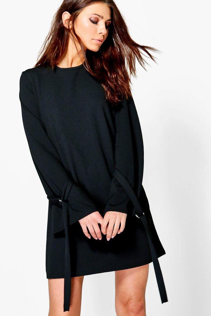 Boohoo Bailey Tie Detail Sleeve D-ring Shift Dress Black
