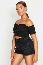 Boohoo Lace Up Front Shirred Off The Shoulder Crop