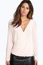 Boohoo Rebecca Long Sleeve Wrap Front Slinky Top