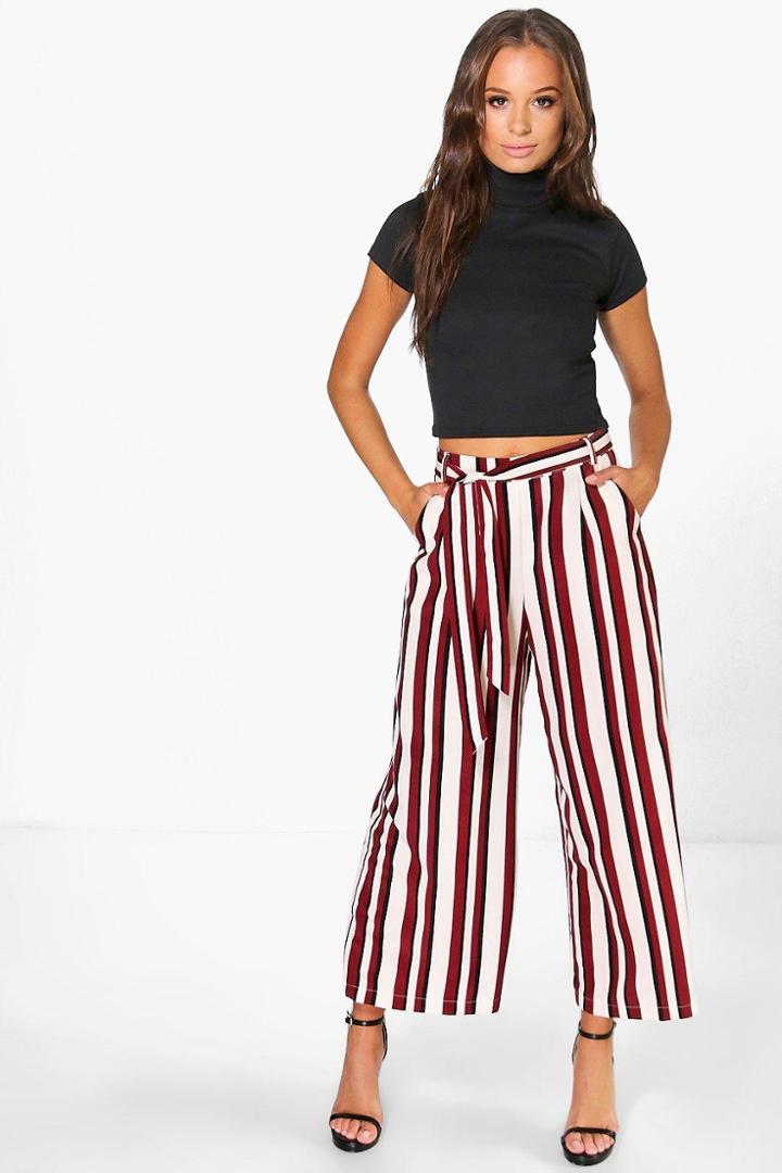 Boohoo Amera Tie Waist Woven Stripe Wide Leg Crop Trousers Merlot