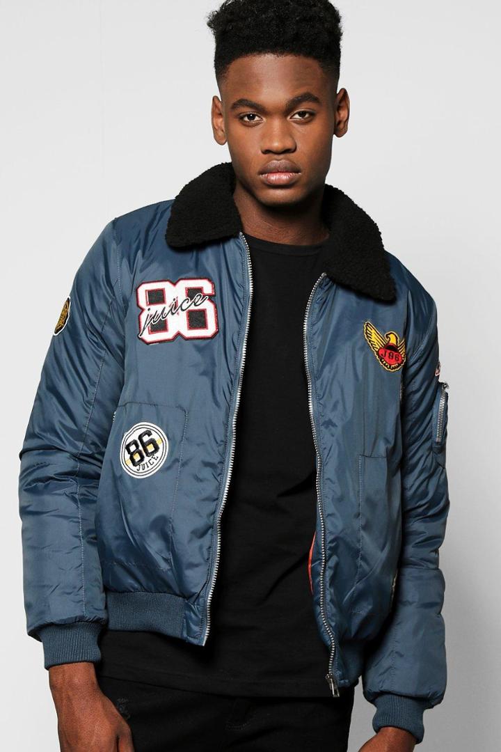 Boohoo Badged Borg Collar Ma1 Bomber Blue