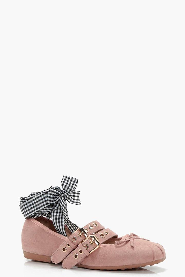 Boohoo Lily Ribbon Lace Up Ballet Blush