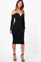 Boohoo Amy Plunge Detail Off The Shoulder Midi Dress Black