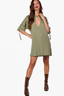 Boohoo Rebecca Choker Plunge Eyelet Tape Detail Dress