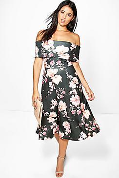 Boohoo Kim Floral Bardot Midi Skater Dress