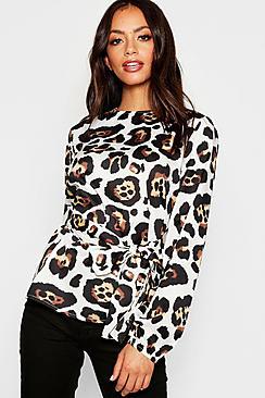 Boohoo Animal Print Slash Neck Tie Waist Blouse