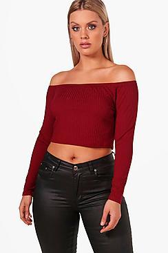 Boohoo Plus Rib Off The Shoulder Crop Top