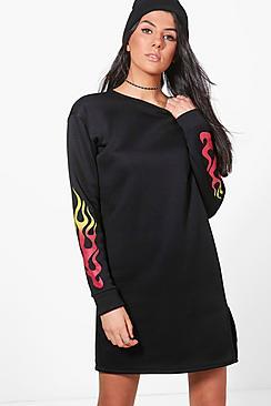 Boohoo Kylie Flame Printed Sleeve Split Hem Sweat Dress