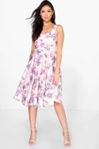 Boohoo Davis Floral Print Chiffon Midi Skater Dress Pink