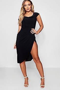 Boohoo Jade Cold Shoulder Slinky Ruched Midi Dress