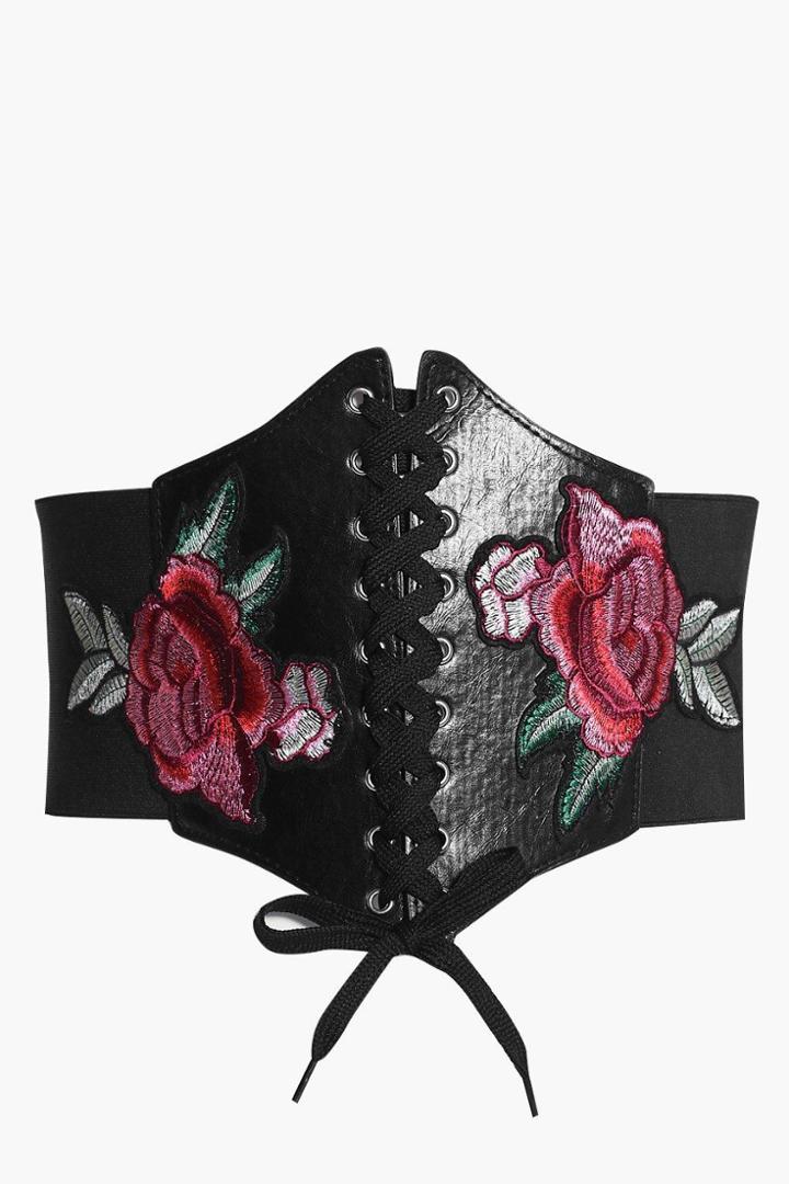 Boohoo Anna Embroidered Pu Lace Up Corset Belt Black