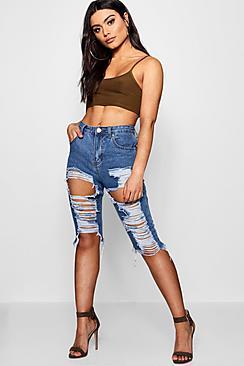 Boohoo Fiona Ripped Distressed Denim Board Shorts