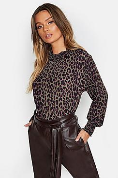 Boohoo Woven Leopard Sleeved Collar Blouse