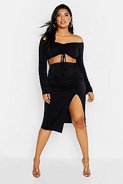Boohoo Plus Slinky Ruched Split Midi Skirt