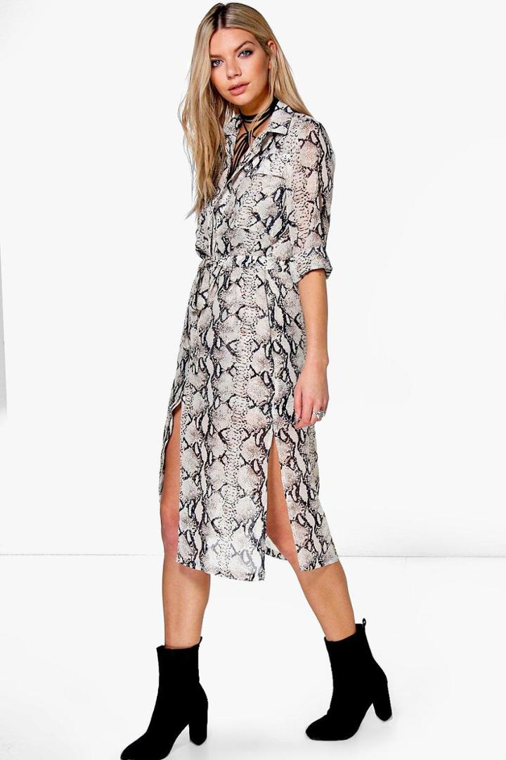 Boohoo Lisanda Snake Print Shirt Dress Multi