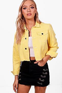 Boohoo Clara Lemon Cropped Contrast Stitch Denim Jacket