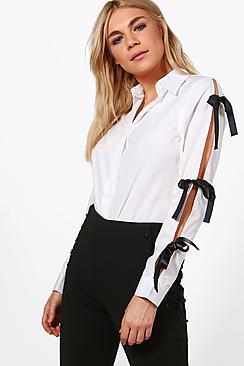 Boohoo Bethany Contrast Tie Open Sleeve Shirt