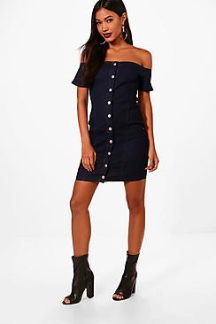 Boohoo Zeta Button Through Off The Shoulder Dress