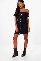 Boohoo Zeta Button Through Off The Shoulder Dress