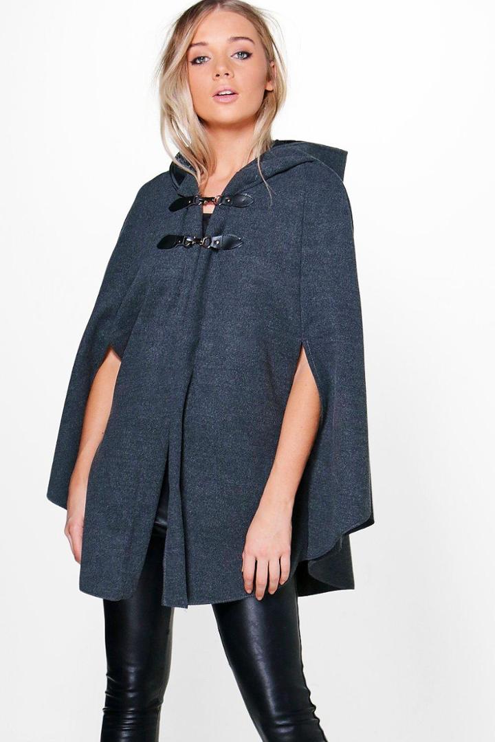 Boohoo Louise Hooded Wool Look Cape Grey