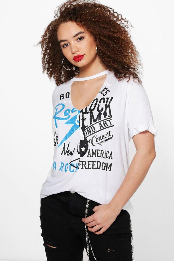 Boohoo Plus Alison Sliced Printed Choker Top White